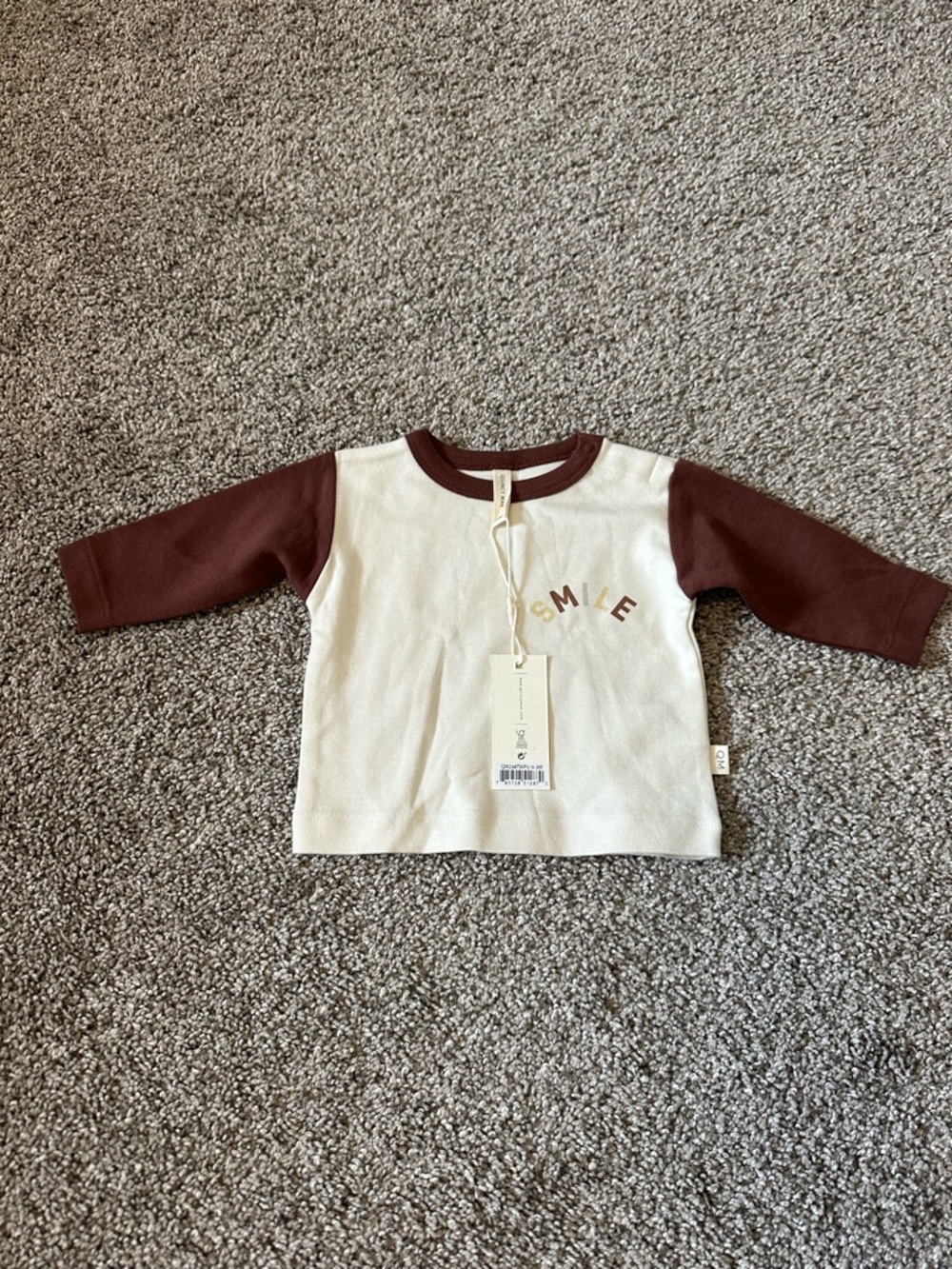 Quincy Mae Cream Top with Brown Raglan Sleeves & SMILE Print